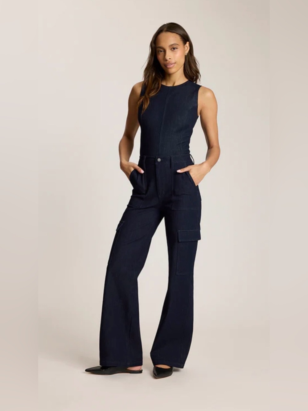 Commando Do It All Denim Wide Leg Cargo Jeans Solid Indigo Size S NWT